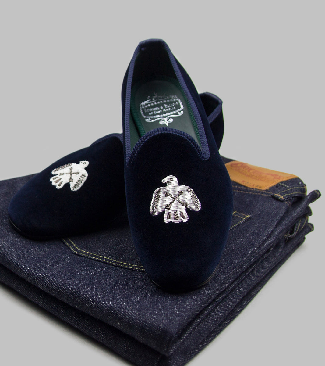 Bryceland's x Bowhill & Elliott Velvet Slippers Navy | Bryceland's